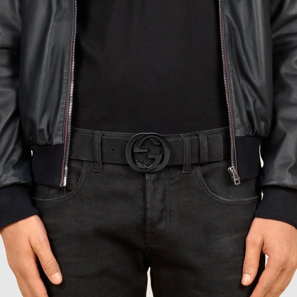 Gucci Leather Belt with Interlocking G - Matte Black - 368186 BGH0V Men's Sz 32